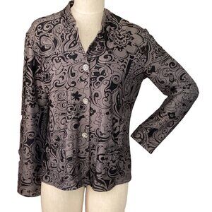 Chico's Travelers Jacket Rhinestone-Button Floral Gray & Black Sz 2 (L/12) #74D